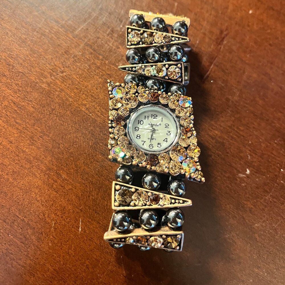 Mondu Ladies Bronze and Crystal Rhinestone Stretch Watch Bracelet